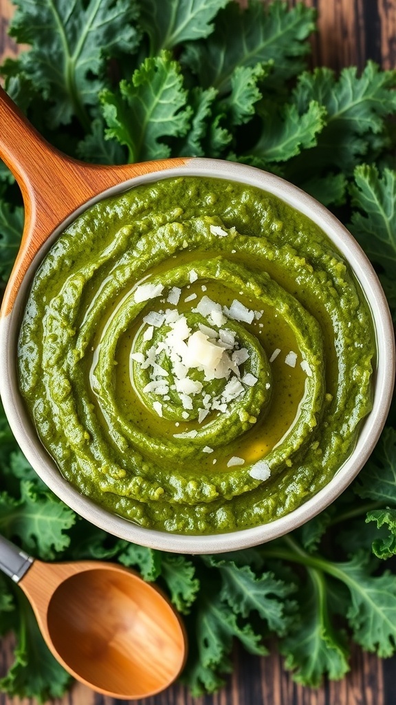 A bowl of kale pesto garnished with Parmesan cheese, surrounded by fresh kale leaves and olive oil.